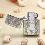 KZ129 skull and rose lady Zippo Armor lighter open, showing lady artwork and floral lid engraving