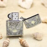 KZ129 skull and rose lady Zippo Armor lighter open, showing skeleton artwork and rose engraving