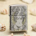 KZ129 skull and rose lady engraved Zippo Armor lighter, full lady side view