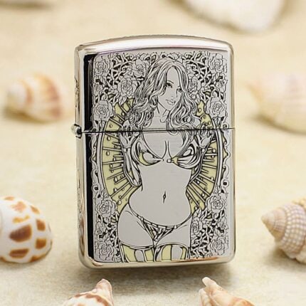 KZ129 skull and rose lady engraved Zippo Armor lighter, full lady side view