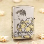 KZ130 polished chrome Zippo Armor lighter with Tony Stark portrait and Avengers logo
