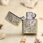 Open Windy pin-up Zippo Armor lighter showing the front figure and lid artwork