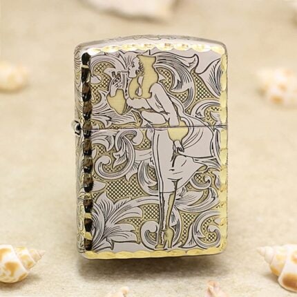Vintage Windy pin-up framed by arabesque engraving on chrome Zippo Armor lighter