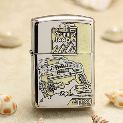Jeep off-road vehicle and mountain badge engraved on polished chrome Zippo Armor lighter