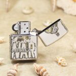 Open KZ142 Zippo Armor lighter showing the shield-bearing reverse design