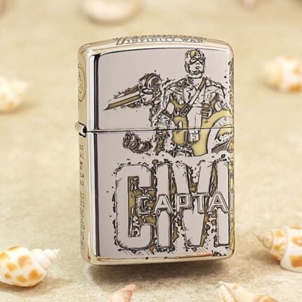 Captain America action artwork and bold CAPTAIN lettering on chrome Zippo Armor lighter