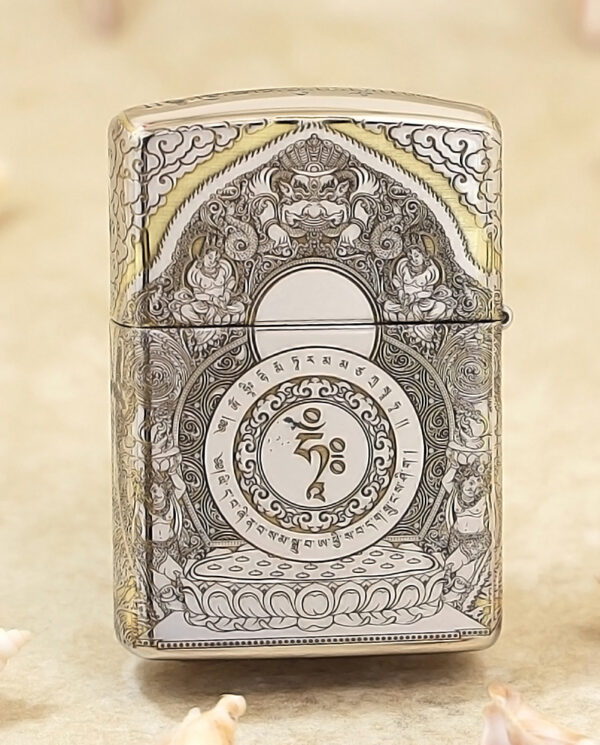 KZ144-01 Metallic lighter with an intricate mandala engraving and a central Om symbol.