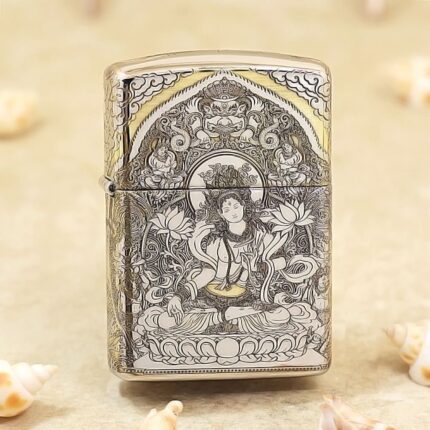 White Tara seated on a lotus engraved on antique silver-tone Zippo Armor lighter