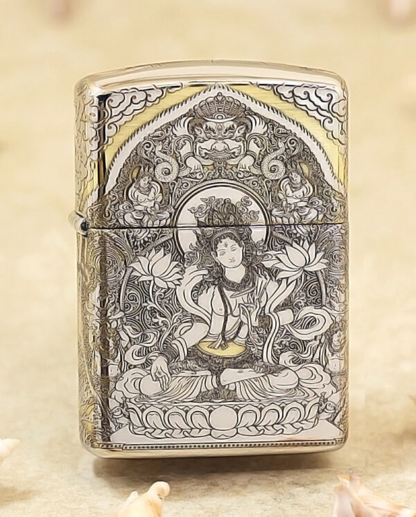 KZ144 Decorative metal Zippo lighter with a detailed black-and-white line drawing of a seated Buddhist bodhisattva among lotus flowers and ornate patterns, on the front and lid.