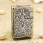 Reverse of KZ145 lighter with guardian angel and layered sacred geometry