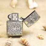 Open KZ145 chrome Zippo Armor lighter showing the reverse angel and geometry