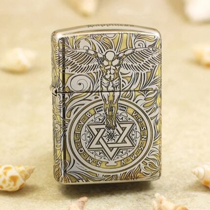Winged guardian angel and geometric medallion engraved on chrome Zippo Armor lighter