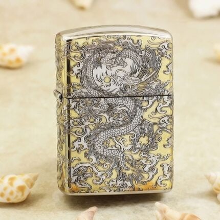 Five-side Chinese dragon engraving on silver-and-gold Zippo Armor lighter