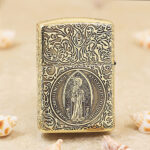 Reverse view of brass Zippo Armor with St. Benedict figure medallion