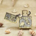 Open KZ149 Zippo Armor lighter showing the geisha and dragon front artwork