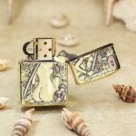 Open KZ149 brass Zippo Armor lighter showing the katana woman reverse scene