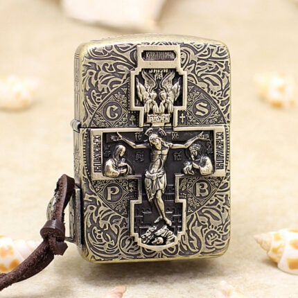 Front view of antique brass Zippo 1941 Replica with raised crucifix relief