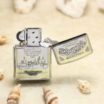 Open Wides camel Zippo Armor lighter showing the mosque skyline reverse