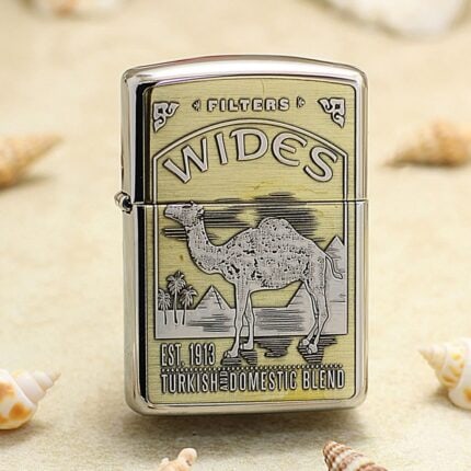 Vintage Wides tobacco-pack artwork with camel and desert palms on chrome Zippo Armor lighter