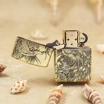 Open cat Zippo Armor lighter showing the alert long-haired feline front portrait