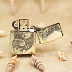Open KZ152 Zippo Armor lighter showing the sleeping kitten reverse portrait