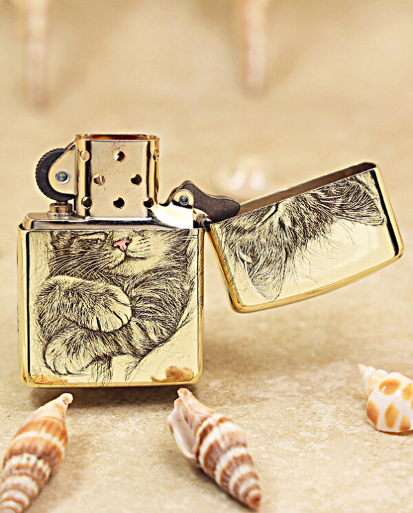 KZ152-03 Gold metal lighter with a detailed cat illustration on its sides, open lid, on a sandy surface with seashells nearby.