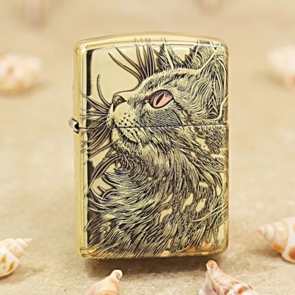 Detailed long-haired cat with pink eye engraved on brass Zippo Armor lighter