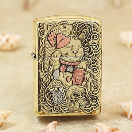 Ornate Maneki-neko lucky cat engraved on brass Zippo Armor lighter with pink accents