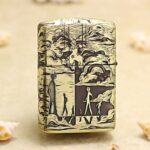 Surreal cliffs, waves, and walking figures engraved on the reverse of KZ154 lighter