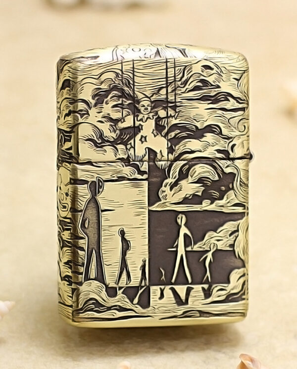 KZ154-01 Lighter with a black-and-cream illustration of people walking along a shore under cloudy skies, wrapping around the body.