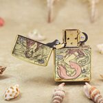 Open twin mermaid Zippo Armor lighter showing the seated mermaid front scene