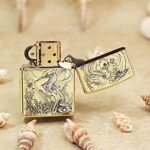 Open KZ156 Zippo Armor lighter showing the flowing-haired mermaid reverse artwork