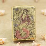 Seated mermaid with pink tail engraved on the front of brass Zippo Armor lighter