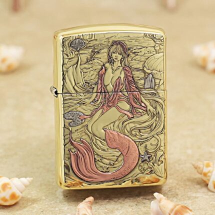 Seated mermaid with pink tail engraved on the front of brass Zippo Armor lighter