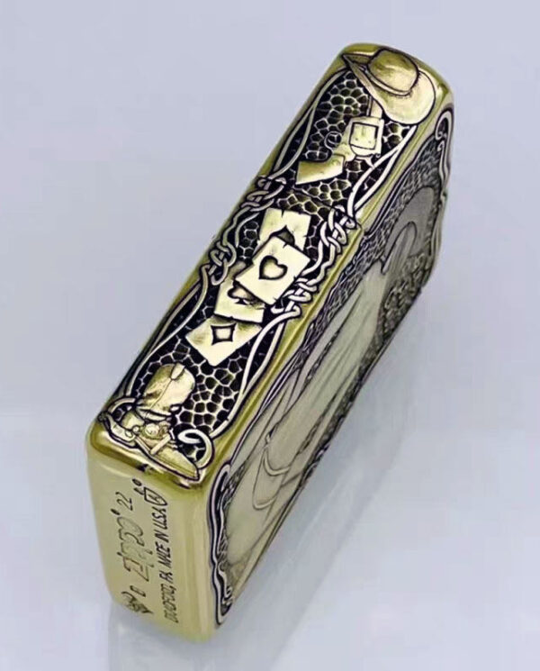 KZ157-04 Ornate metal tin for playing cards with a vintage, engraved black-and-gold pattern on the lid.