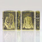 Four gold-toned lighters in a row with intricate black pin-up/western artwork and decorative borders; reflective surface below.