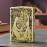 Adult Western pin-up woman engraved on the front of KZ157 brass Zippo Armor lighter
