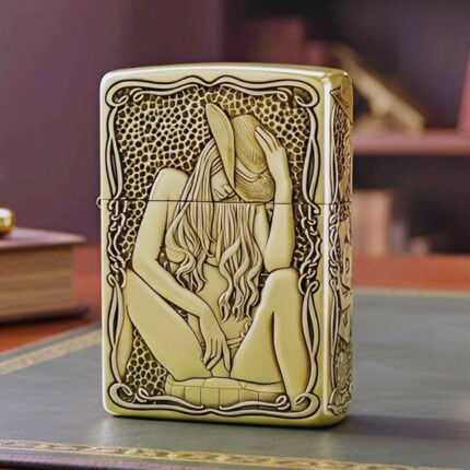 Adult Western pin-up woman engraved on the front of KZ157 brass Zippo Armor lighter