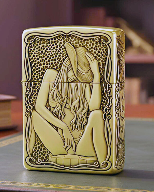 KZ157 Decorative lighter with an Art Nouveau illustration of a seated woman covering her face, framed by ornate borders on a pale background.