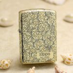 Full-wrap arabesque engraving and No. 0086 plaque on brass Zippo Armor lighter