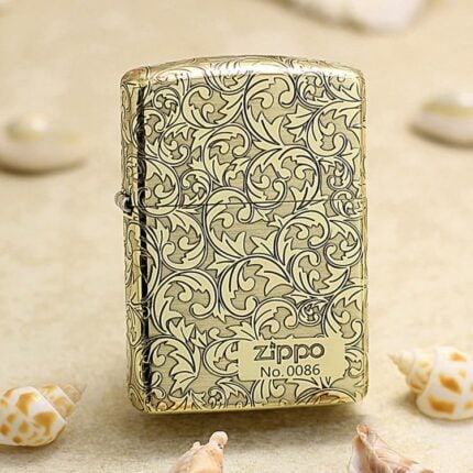 Full-wrap arabesque engraving and No. 0086 plaque on brass Zippo Armor lighter