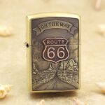Route 66 shield and desert highway engraved on brass Zippo Armor lighter