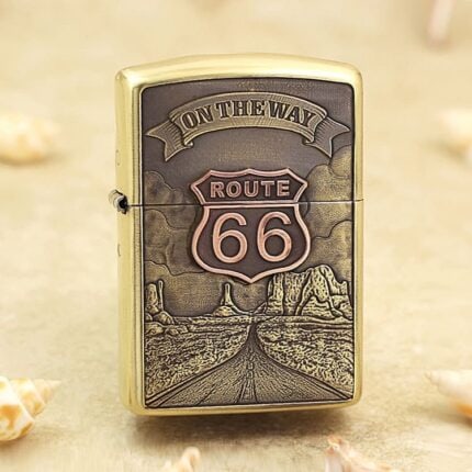 Route 66 shield and desert highway engraved on brass Zippo Armor lighter