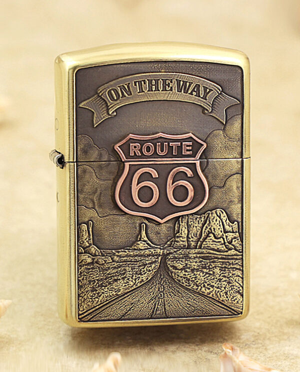 KZ160 Brass lighter with a Route 66 desert scene and 'On the Way' banner engraved on the front panel