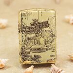 Traditional Chinese mountain landscape engraved on antique brass Zippo Armor lighter
