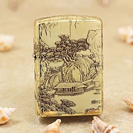 Traditional Chinese mountain landscape engraved on antique brass Zippo Armor lighter