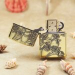 Open rose lady brass Zippo Armor lighter showing front artwork across the body and lid