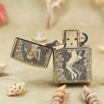 Open Until Death Zippo Armor lighter showing skeleton woman and floral lid engraving