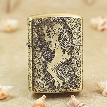 Skeleton woman reclining among roses engraved on KZ174 brass Zippo Armor lighter