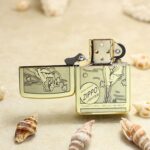 Open brass Zippo 1941 Replica showing Windy pin-up artwork across the front and lid